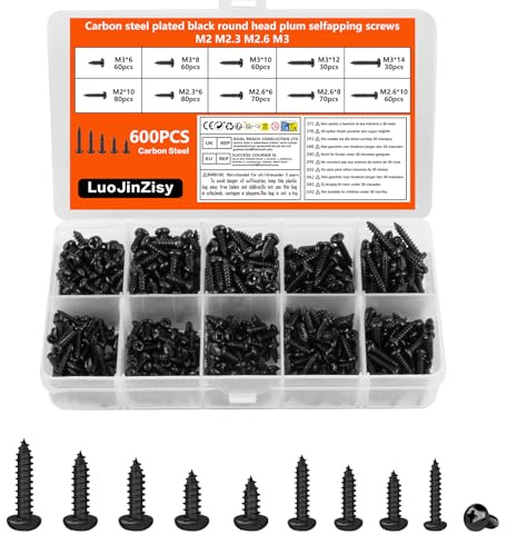 600 Pcs M2-M3 Black Self Tapping Small Screws for Wood, Metal & Plastic | Round cross head fasteners set for soft materials. Ideal hardware assortment for DIY and repair projects.