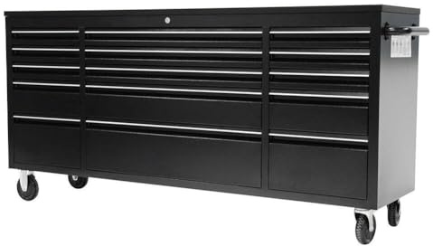 Factory Image Racing 72 Inch Black Powder Coated Steel 15 Drawer Tool Chest with Solid Worktop, Heavy Duty Rolling Tool Box Cabinet
