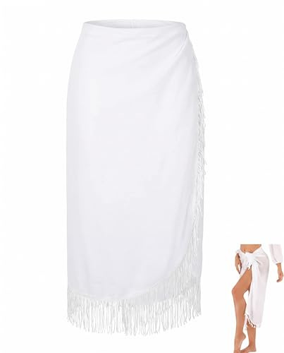 HAPZUR Pareo Donna Mare Bianco con Frange – Sarong Wrap Leggero Trasparente, Copricostume Bikini Avvolgente per Spiaggia Piscina & Vacanza
