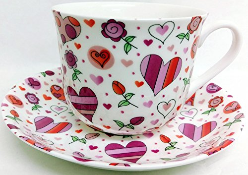 Chic Hearts colazione tazza e piattino in porcellana grande cuori tazza e piattino decorato a mano nel Regno Unito