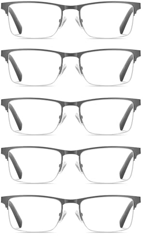 EYECEDAR 5 Stuks Lesebrille Herren Blau Licht Blocking Metall Gunmetal halbe Rahmen Federscharnier Anti Eyestrain Anti Blendung Brillen Computer Lesebrille 1.75