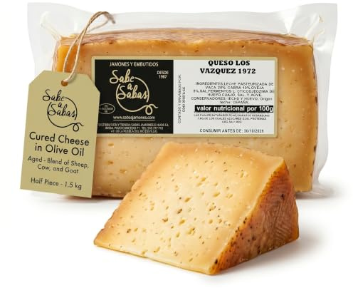 Queso Añejo Curado Mezcla Madurado en Aceite de Oliva Medio Queso 1,5 Kg | Vaca, oveja y cabra, gran reserva; sabor fuerte e intenso para tabla, maridaje y regalo gourmet. Contiene leche y huevo
