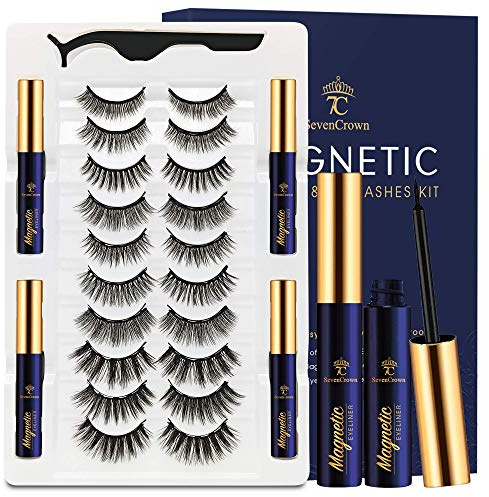 3D Magnetic Eyelashes Natural Look with Eyeliner Kit - 7C SEVENCROWN Magnetic Lashes - Upgraded 4 tubes of Liner - 10 Pairs Reusable False Eyelash Kit with Applicator Easy to Apply.