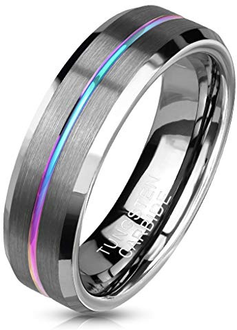 Paula & Fritz® Ring Damen Wolframcarbid Gebürstet Gr. 49 (15,6) - 70 (22,3) Silber-Gold Regenbogen 6-mm Breit Herren-Ring Partner-Ring