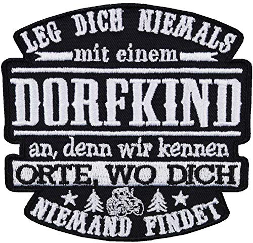 Aufnäher Dorfkind Aufbügler bestickter Rocker Biker Patch mit lustigem Spruch Austria Bügelbilder Motorrad Sticker zum aufnähen Dorf Geschenk Applikation für Jacken/Hut/Jeans/Taschen 90x85mm