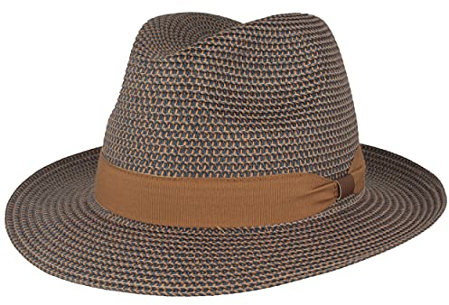 Breiter Strohhut Bogarthut Sommerhut Sonnenhut aus 100% Papier knautschbar mit Garnitur Besonders Leicht, Flexibel, Hautfreundlich Bequem blau-beige meliert, M