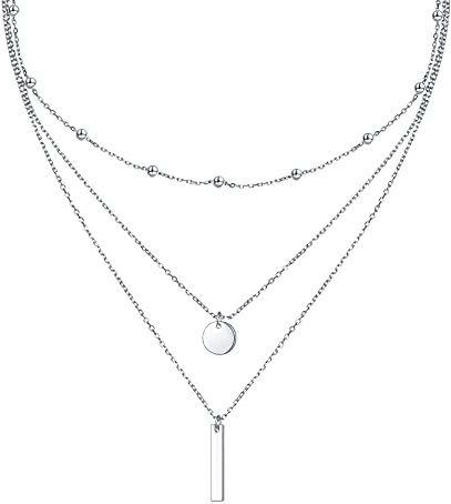 HOOHWE Kette Damen S925 Sterling Silber Geschichtete Halsketten Dreifache lange Kette Y Schlüsselbein Disc Bar Anhänger Boho Schmuck Geschenk