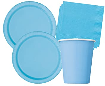 Isola Party Kit festa di compleanno tinta unita color Azzurro per 25 persone eco-friendly (25 piatti di carta ⌀ 23 cm, 25 bicchieri di carta 200 ml, 50 tovaglioli di carta 33x33 cm)