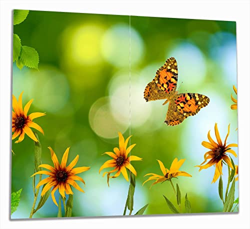 Wallario Herdabdeckplatte/Spritzschutz aus Glas, 2-teilig, 60x52cm, für Ceran- und Induktionsherde, Blumen mit Schmetterling