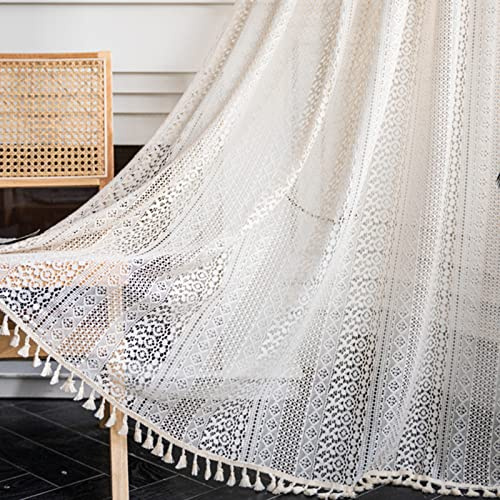 Tospass Vintage Landhausstil Häkeln Stricken Vorhang Boho Bohemien Vorhänge Aushöhlen mit Quaste 2er Set Gardinen Outdoor Baumwolle Gardienen für Wohnzimmer Schlafzimmer Curtains 150x200 cm Beige