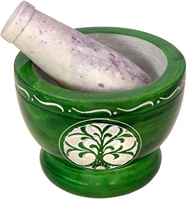 Divit Shilp Mortaio e pestello, realizzato in pietra dura lucida ad alta resistenza, macina in pietra naturale per spezie, paste, erbe, spezie, ecc. (Green Tree of Life)