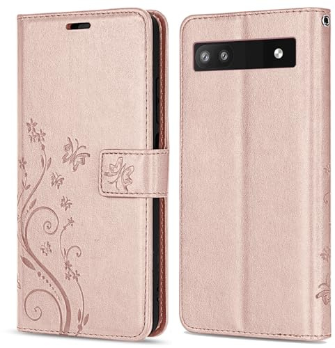 Hülle Kompatibel mit Google Pixel 6A | Premium PU Leder Handyhülle Wallet Case für Pixel 6A | Schutzhülle Blumen Klapphülle Handyhülle | Rosegold