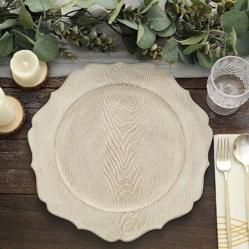 Efavormart 6 Pack | 13 Rustic White Wooden Textured Acrylic Charger Plates With Scalloped Rim
