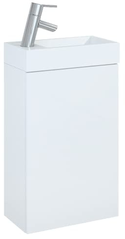 VBChome Badmöbel Set 40 cm Weiß Waschbecken mit Weiß Hängeschrank Waschtisch 1-Türen Push to Open-System Modern Elegant