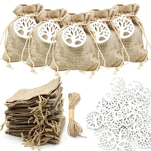 VEGCOO 30 Pz Sacchetti in Iuta per Bomboniere Cresima con 30 PzCiondolo Albero della Vita, 10 * 8cm Sacchetti Iuta Bomboniere Confetti, per Comunione Battesimo Cresima Nascita Matrimonio (A)