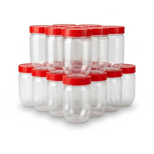 Cennet Pack of 12 Round 300ml Plastic Storage Jar With Screw Top Lids Red Airtight Food Containers BPA Free For Kitchen, Herb, Spices, Sweets Clear Canister pots