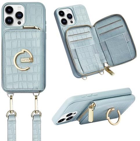 CUSTYPE Für iPhone 15 Pro Max Hülle, Handyhülle für iPhone 15 Pro Max Hülle mit Band Hülle aus Mikrofaserleder mit Geldbörse und Ständer, Handykette Hülle Für Apple iPhone 15 Pro Max Blau 6,7”