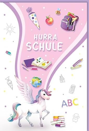 KE - Einschulungskarte mit Einhorn-ABC Motiv, B6 Format 17,0 x 11,5 cm, inklusive Umschlag, perfekt für den ersten Schultag, coole und einzigartige Karte zur Einschulung.