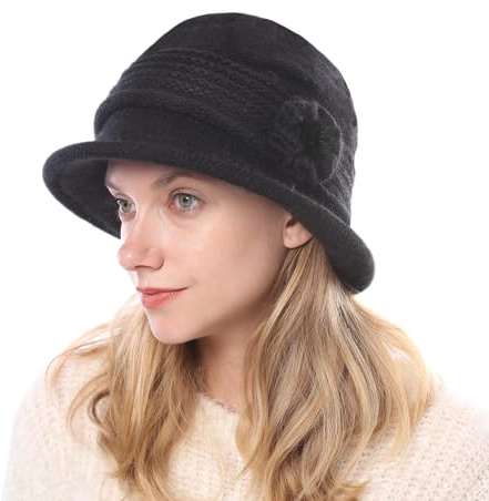 Cysocool Damen Eleganter Winter Glockenhut Wolle Wintermütze Warme Strickmütze mit Blumen Frauen Cloche Hüte Retro Fischermütze Bowler Hut Winterhut