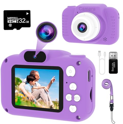 GlobalCrown Appareil Photo Enfant,Mini Caméra Numérique Rechargeable Caméscope Antichoc Photo vidéo pour Filles Garçons de 3 à 9 Ans,12M Vidéo HD 1080p pour Jeu en Plein air (32G Carte Incluse)