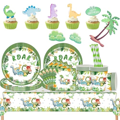 Aszaui 105 Stück Dino Geburtstag Deko,Dinosaurier Party Set Kindergeburtstag für 20 Gäste, Junge Dinosaurier Geburtstag Deko Party Kindergeburtstag