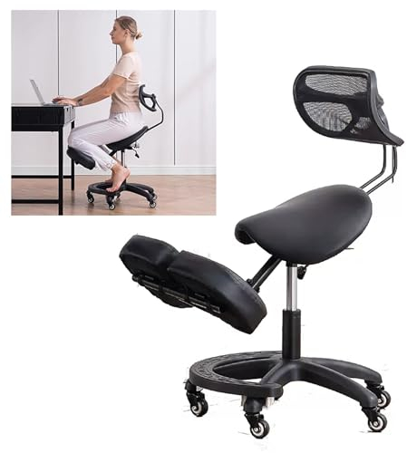 AVIISO Sattelstuhl Kniete Sattelstuhl für Büro, Mobiler Sattelhocker mit Der Rückenlehne Rollen, Einstellbarer Schwenktattoo-Stuhl von 46-60 cm Höhe, Massageausrüstung
