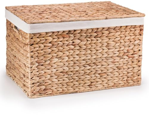 Woodluv Large Rectangular Handwoven Water Hyacinth Storage Trunk With Lining & Inset Handles, 54 x 38 x 33 cm (L/W/H)