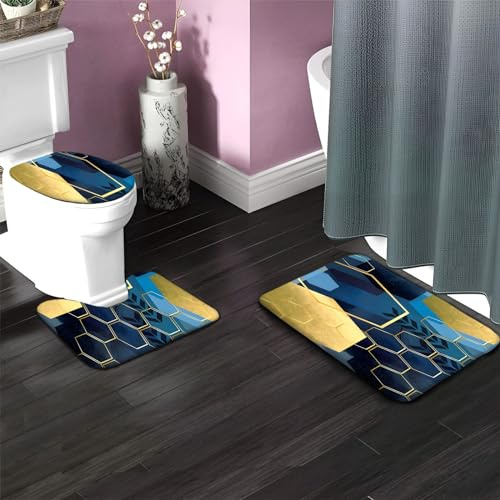 Badezimmerteppich Set 3 Teilig Blaugoldene Wabengeometrie rutschfeste Badematte, 3-teiliges Flanell-Badezimmerteppich-Set, Flanell Weicher WC-Vorleger WC-Bezug Set