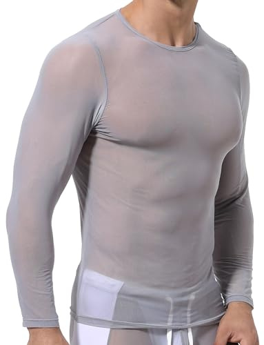 Men's Solid Color Round Neck Long Sleeve Undershirts Sheer Mesh Tee Shirt Workout Gym Muscle Shirts Transparent Tops 2024 Grey