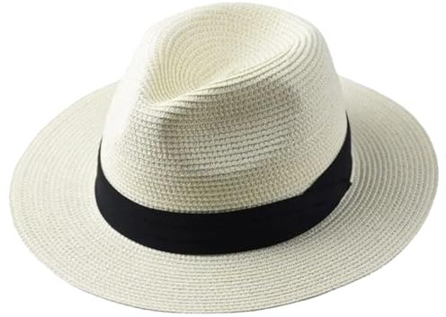 Panamahut für Herren und Damen, Strandhut, breite Krempe, Sonnenhut, Übergröße, Fedora-Hut, Milchweiß, Größe M, 55–57 cm, M12, M