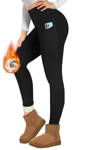 TNNZEET Thermo Leggings Damen mit Taschen Gefüttert Thermoleggings High Waist Thermohose Fleece Warm Blickdicht Leggins im Winter (Schwarz,M)