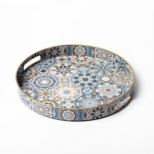 Fuukou Rundes Serviertablett mit Griffen – Boho-Couchtisch-Tablett, Ottoman-Tablett, große Tabletts für Ottomane, Couchtisch, moderne dekorative Tabletts für Wohnzimmer