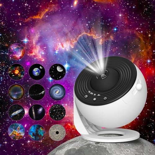 Sternenhimmel Projektor, Lomoo Planetarium Galaxy Projektor Lampe mit Timer, 4K 13 HD-Filmscheiben, 360°-Drehung, Weltraum Projektor Nachtlicht für Chlafzimmer Weihnachts Dekoration - Weiß & Schwarz