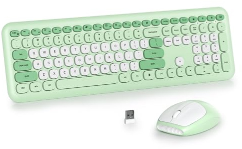 SOLIDEE Colorful Wireless Keyboard Combo, 104 Keys Full Size with Number Pad, Retro Typewriter Design & Round Keycaps - 2.4GHz Connection (US Layout QWERTY) - Silence Membrane Keyboard (Pro Green)