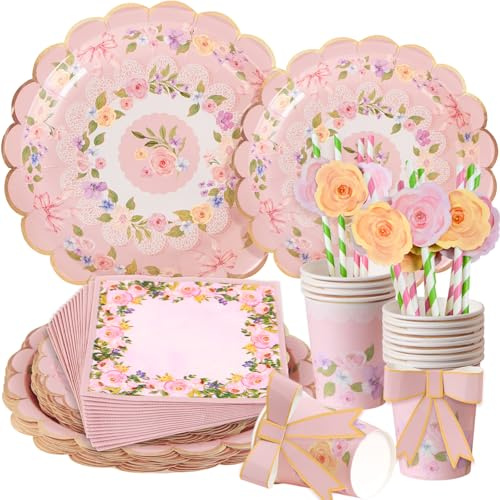 SUNBEAUTY 80pc Tea Party Tableware Set Afternoon Tea Decoration with Floral | 16 Guests Party Paper Plates Straws Napkins Cups for Birthday Wedding Baby Shower Garden Tea Party Supplies