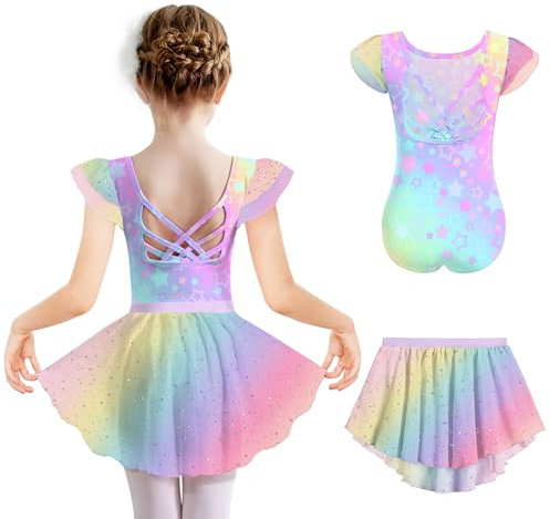 Arshiner Mädchen Ballettkleid Kurzarm Ballettkleidung Baumwolle Rückenfrei Balletttrikot Kinder Tanzkleid Sommer Glitzer Ballettanzug Zweiteilig Tanzbody mit Tütü Regenbogen 130/4-5 Jahre