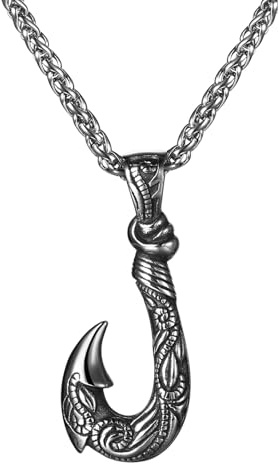 JewelryWe Herren Halskette mit Angelhaken Anhänger Edelstahl Fischhaken Anhänger Kette mit Wellen- und Spiralmuster Vintage Hip Hop Punk Schmuck Geschenk für Angler