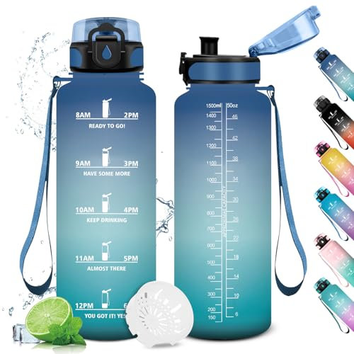 Borraccia 1.5L Termica, Bottiglia con Filtro, Borraccia con Indicatore del Tempo Motivazionale, Bottiglia Riutilizzabile, a Prova di Perdite, Borracce per Sport, Palestra, Scuola, Gym, Ufficio, Yoga