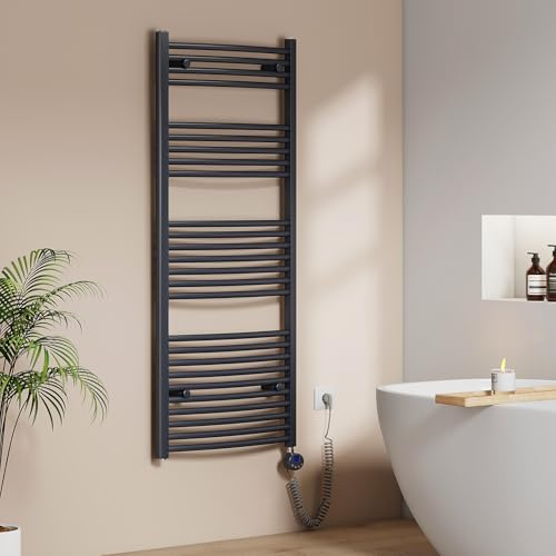 EMKE Scaldasalviette Elettrico per Bagno 140 x 60 cm, Antracite, 600 Watt | Radiatore Curvato con WIFI Termostato, Scaldasalviette Elettrico, Supporto Porta-Asciugamani