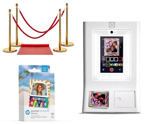 HP Sprocket Photo Booth Machine Instant Color Photo Printer (White) + Zink Paper (100 Sheets) + Red Carpet (1)