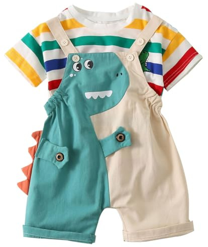 AOOPOO Bebè Bambini Ragazzi Abbigliamento Set Maglietta a Maniche Corte a Righe Arcobaleno Cotone + Pantaloncini Corti Salopette Estiva con Motivo Dinosauri 3D Salopette Corta 6 Mesi-4 Anni