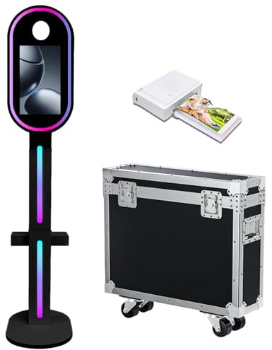 Appareil photo miroir avec écran tactile de 39,6 cm avec étui de transport, lumière RVB pour fêtes, événements, location de mariage (noir, machine + mini imprimante)