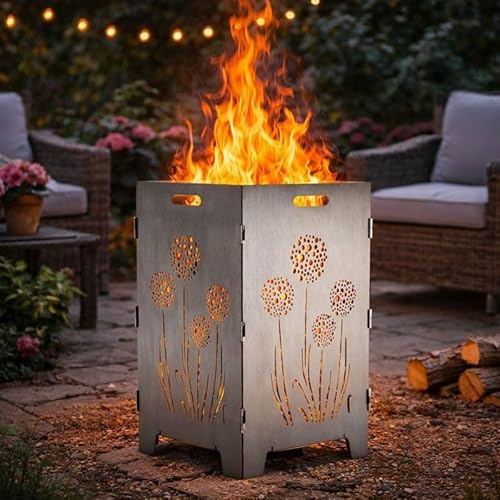 TiKo-Design® Feuertonne Feuerkorb aus 3 mm Stahl mit Pusteblume Motiv zerlegbar