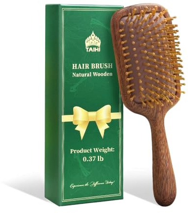 TAIHI Wooden Hair Brush for Women Men, Natural Green Sandalwood Detangling Hair Brush with Ergonomic Handle, Air Cushion Bamboo Hairbrush for Dry Curly Thick Thin Hair, Scalp Massager for Hair Growth