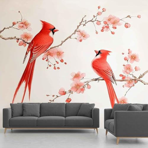 Kln&-2 - Carta da parati fotografica con stampa di uccelli cardinali rossi, fiori rosa, pianta in tessuto non tessuto, decorazione da parete per soggiorno e camera da letto, 200 x 140 cm