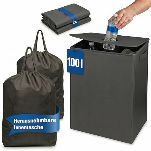 LEFELD Pfandflaschen-Sammelbehälter 100 Liter – mit Deckel, 2 herausnehmbaren waschbaren Innentaschen & stabilem Boden – für Keller, Garage & Haushalt – platzsparend & hygienisch