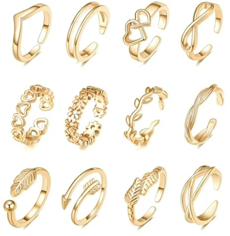 Tomedeks Adjustable toe rings for women,12pcs Gold Plated Open Knuckle Rings,Summer Beach Jewelry Accessories for Foot(gold)