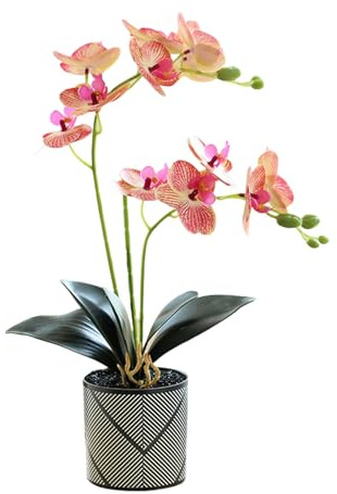 Orchidea Artificiale Viola a Due Punte con 12 Petali in Vaso Fiore Decorativo Phalaenopsis Bianco Finta Orchidea Arancione Realistica Decorazione a Farfalla Bianca Simulata in Vaso (striped pink)