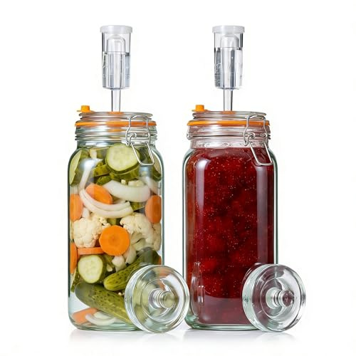 SOONHUA 2L Glass Fermentation Jars, Fermenting Kit with Weights and Air locks for Sauerkraut, Kombucha, Pickles, Kimchi, 2 Pack