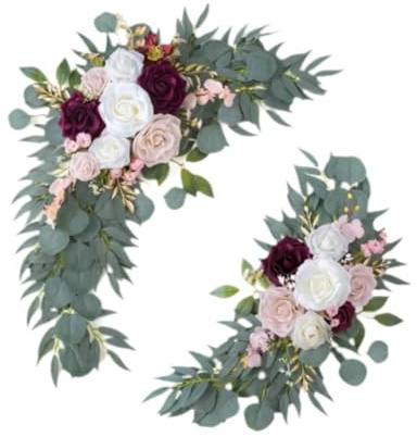 Zxpjkyu 2 Stück Hochzeitsbogen Blumen Künstliche Blüten Seidenblumen Girlande mit Schaumrosen Und PP Blättern für Partydeko Hochzeitsfeier Outdoorveranstaltun, Rot-Weiss
